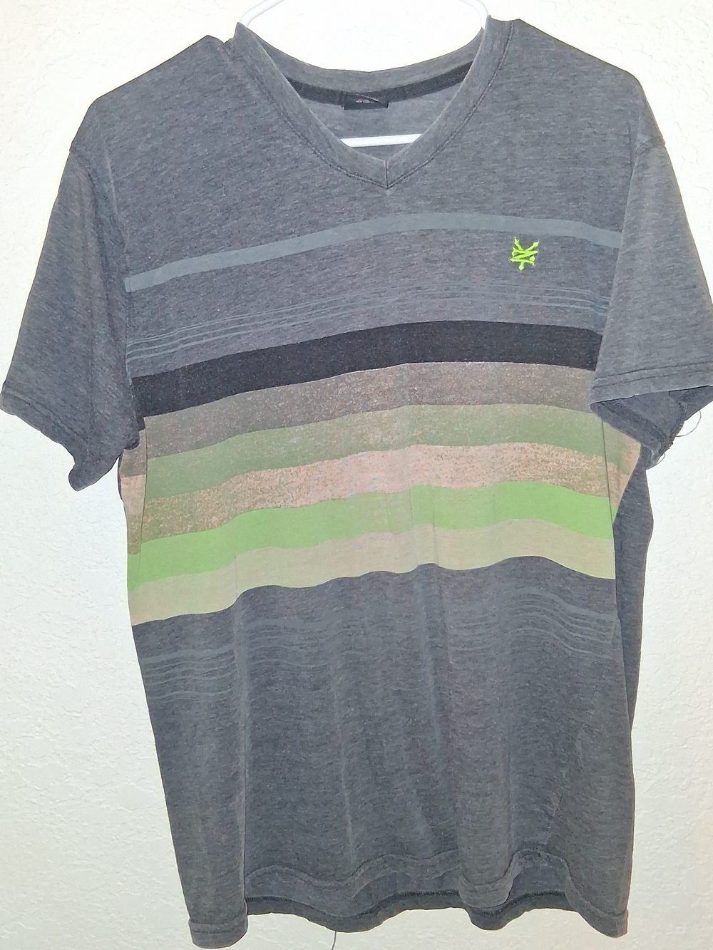 Zoo York Gray V-Neck Tee with Lime Accent and Multi Stripes